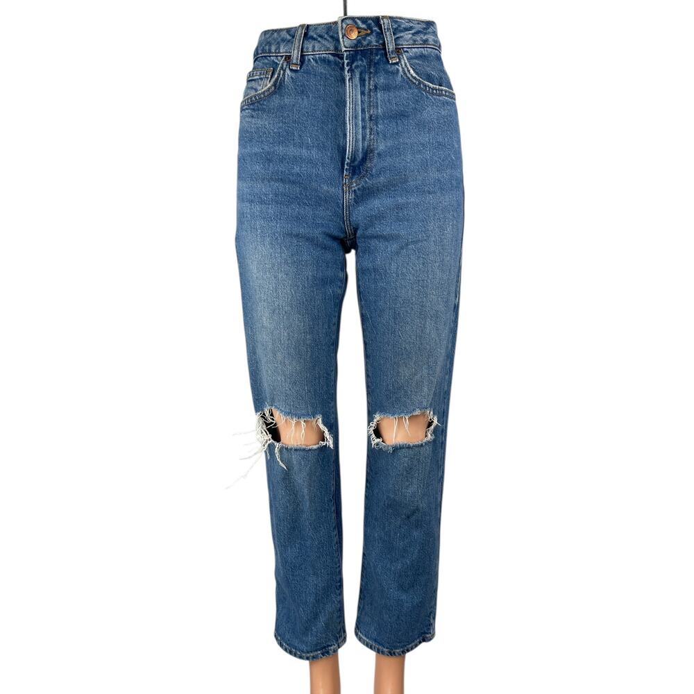 New Look Women's Blue Distressed High Waisted Straight Denim Mom Jeans Pants 2